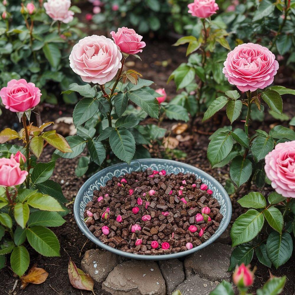 aplikacja nawozu przy krzewach róż