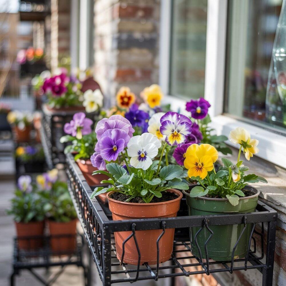 bratki w doniczkach na balkonie