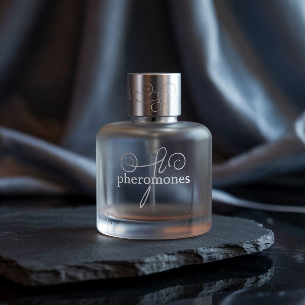 butelka perfum na tle molekuł