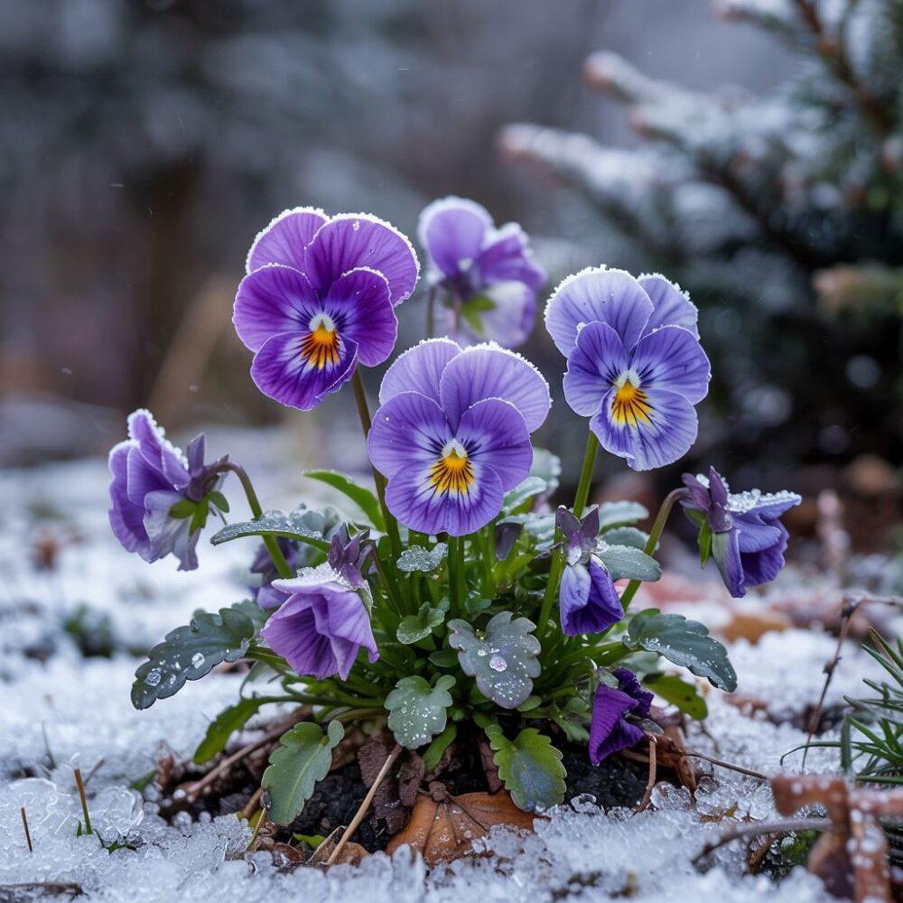 colorful pansies frost