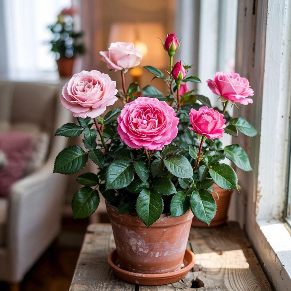 donica z różą na parapecie