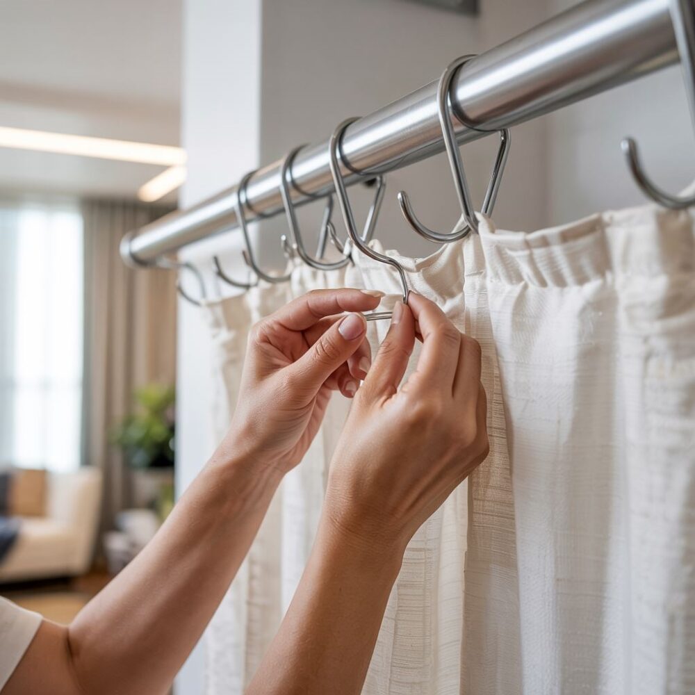 firana na białej szynie z haczykami