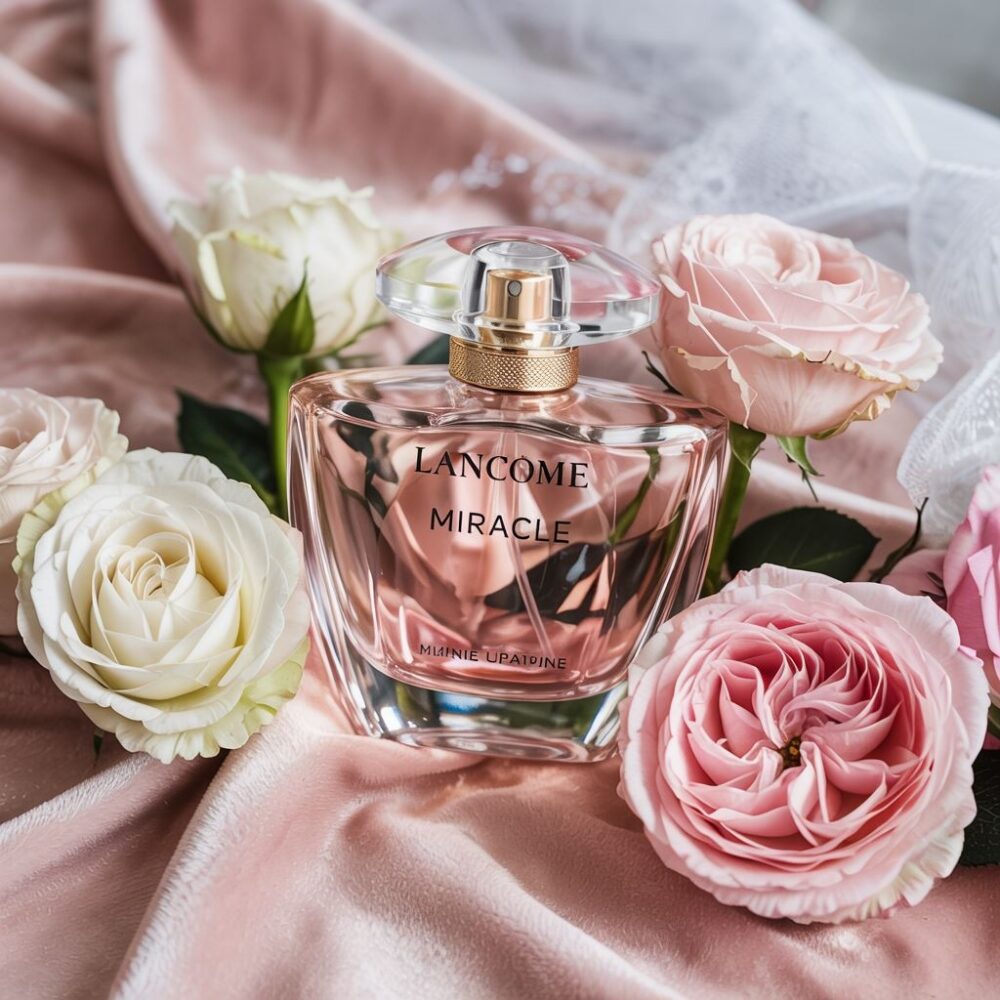 flakon perfum na tle różowym