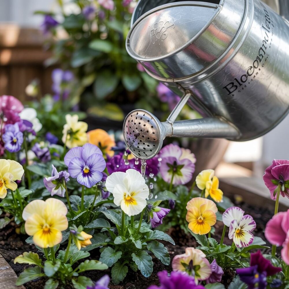 konewka z wodą przy bratkach