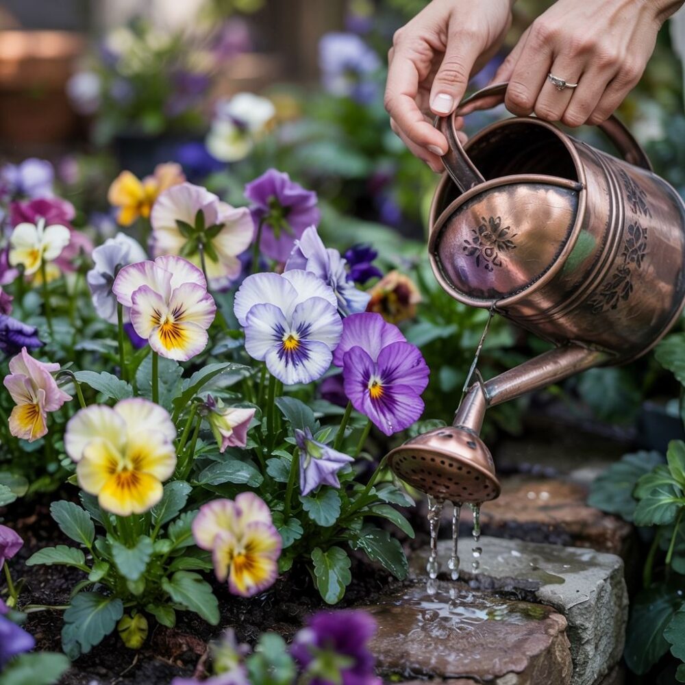 kwiaty bratków z konewką