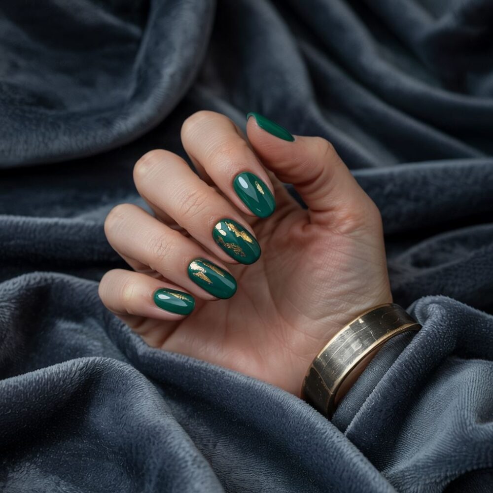 manicure butelkowa zieleń i welurowa sukienka