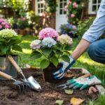 narzędzia ogrodnicze przy hortensjach