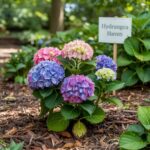 ogród z hortensjami i korą