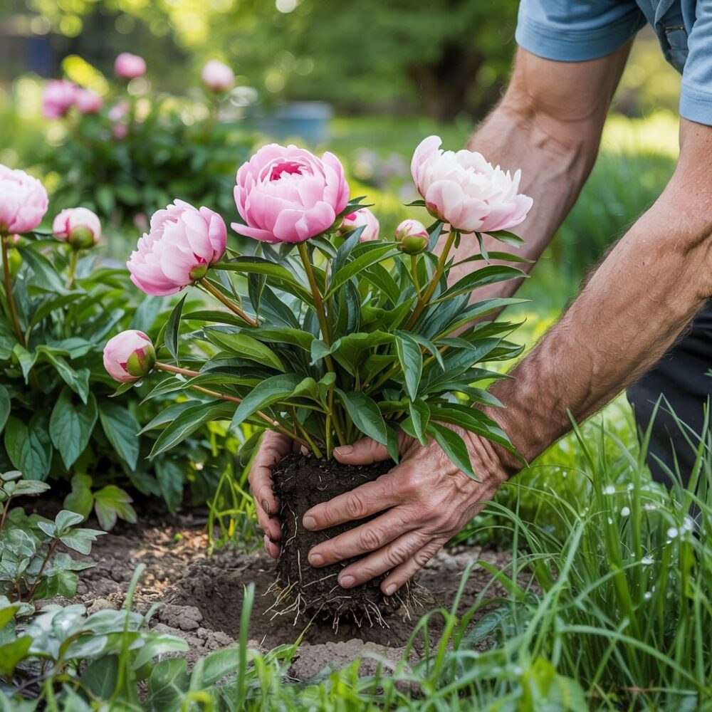 ogród z kwitnącymi piwoniami