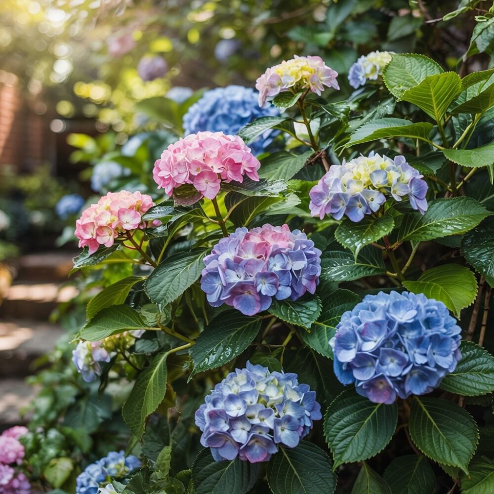 ogrodnik podlewający hortensje