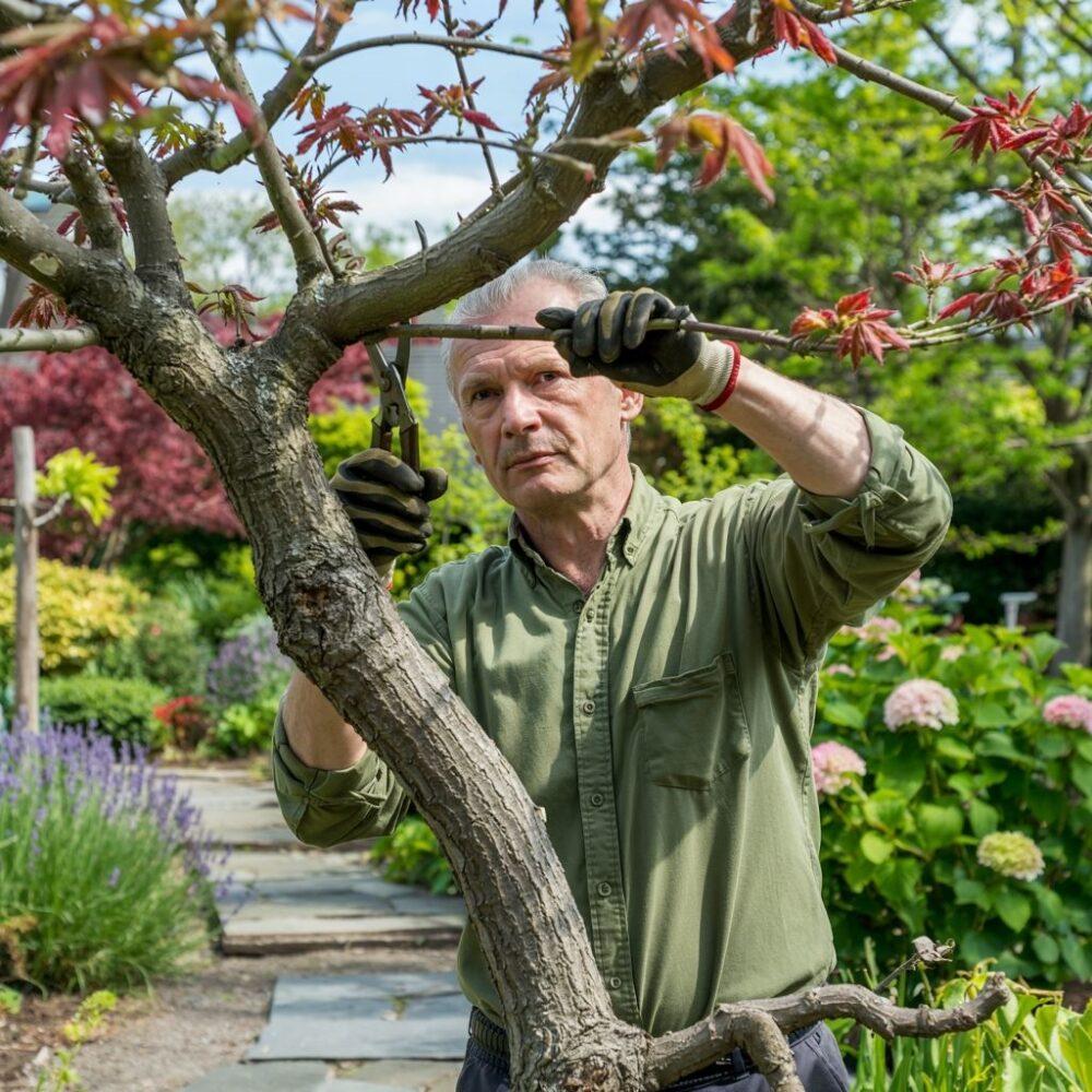 ogrodnik przy pracy z klonem