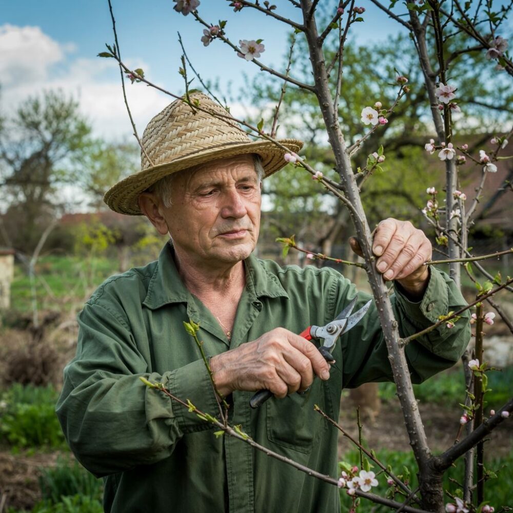 ogrodnik przy śliwie