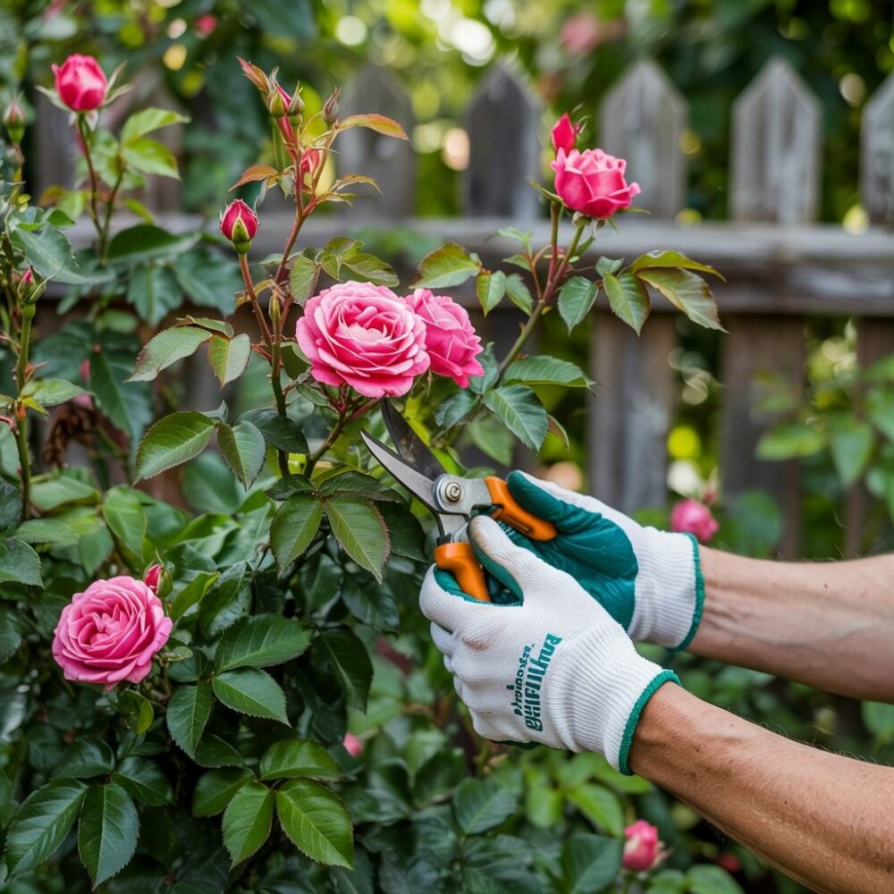 ogrodnik z sekatorem przy różach
