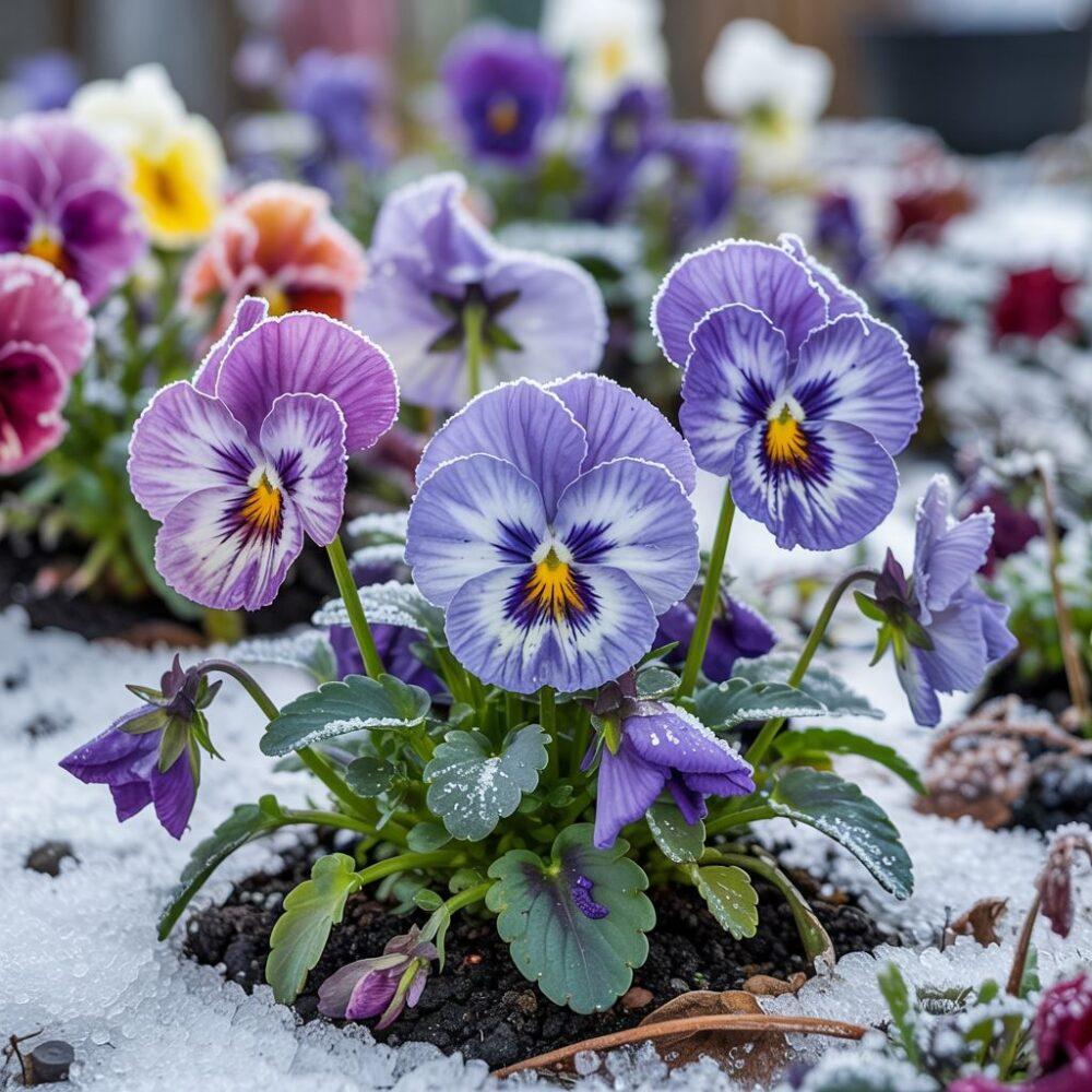 pansy flowers with frost