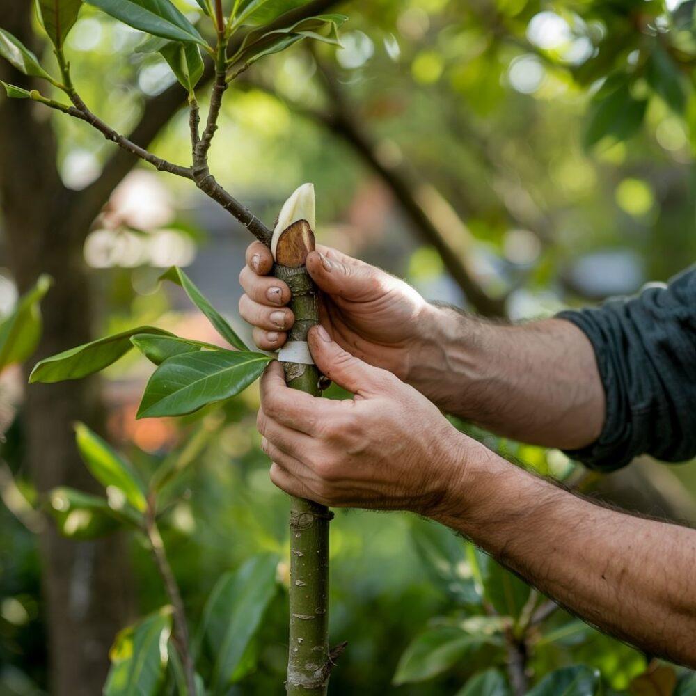ręce podczas szczepienia magnolii
