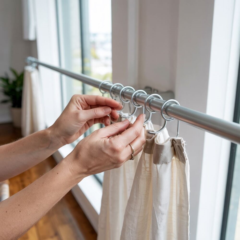 ręce zakładające haczyki na firanę