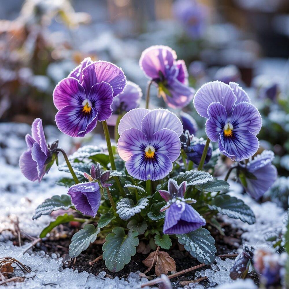 spring pansies cold morning