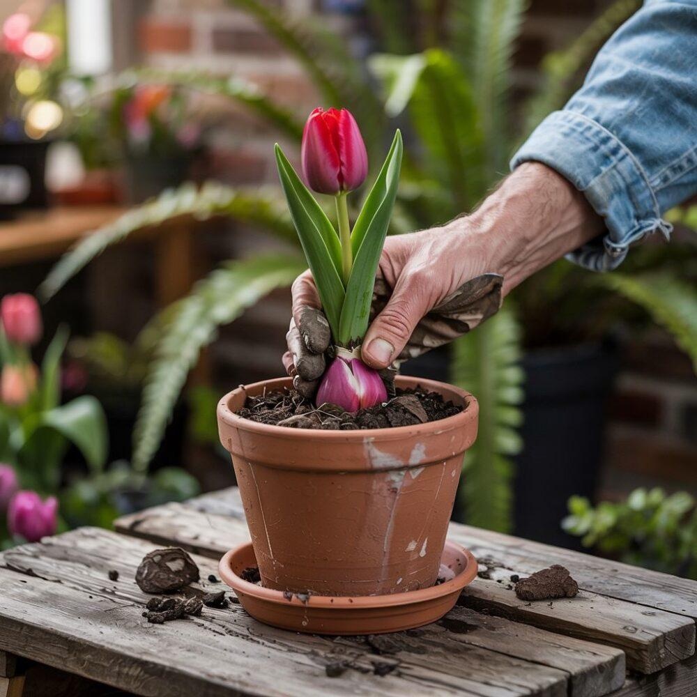 tulipany w doniczce na balkonie