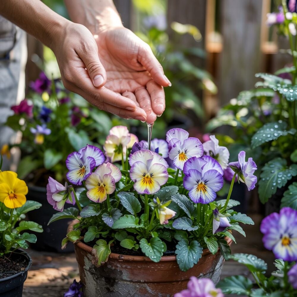 wilgotna ziemia przy bratkach