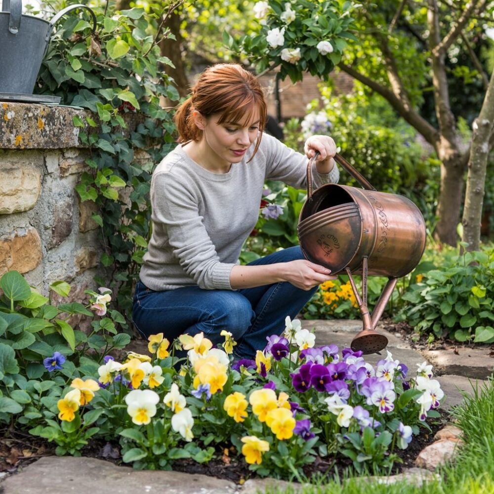 wilgotna ziemia wokół bratków