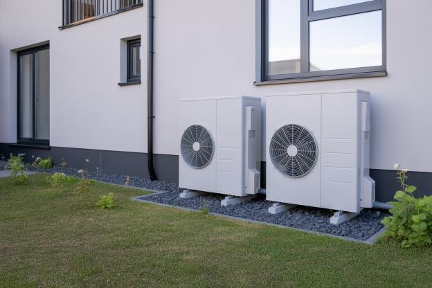 Dwie zewnętrzne jednostki pompy ciepła