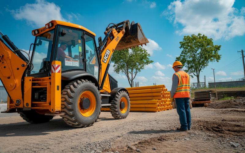 Sprzęt budowlany i pracownicy podczas montażu elementów sieci ciepłowniczej