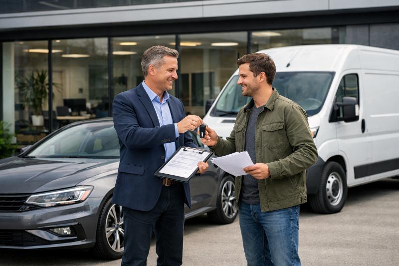 Dwie osoby przekazują sobie kluczyki do samochodu