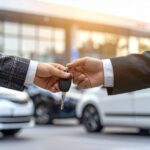Dwóch mężczyzn finalizuje sprzedaż samochodu i auta dostawczego