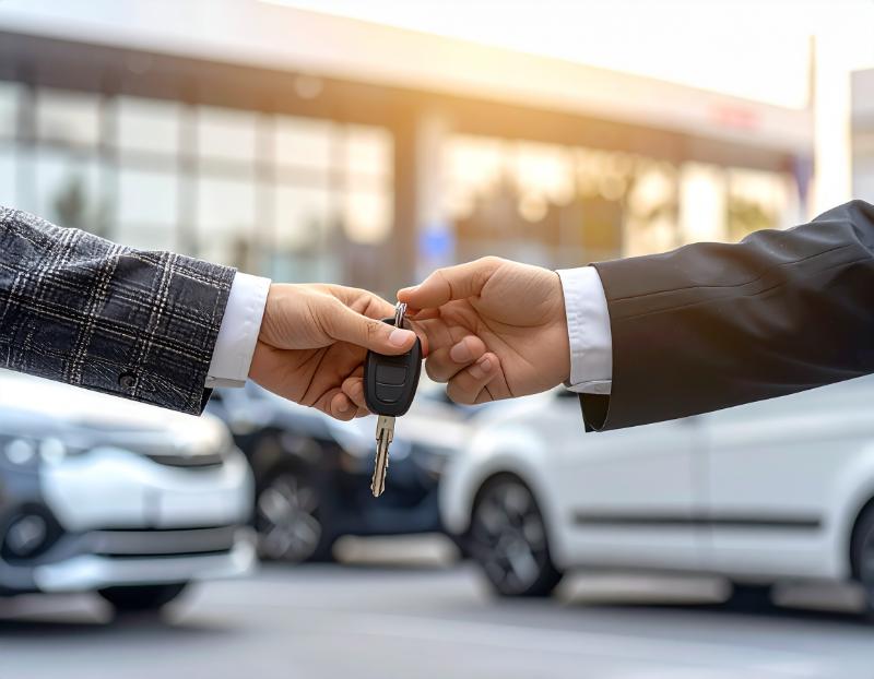 Dwóch mężczyzn finalizuje sprzedaż samochodu i auta dostawczego