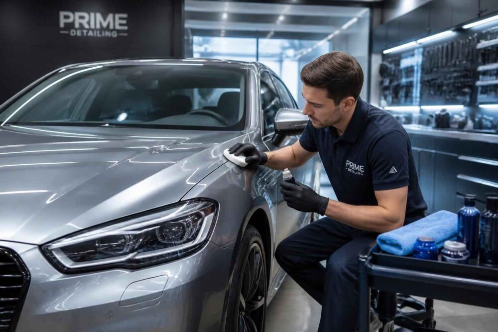 Detailer poleruje przedni błotnik srebrnego samochodu w profesjonalnym studiu detailingowym