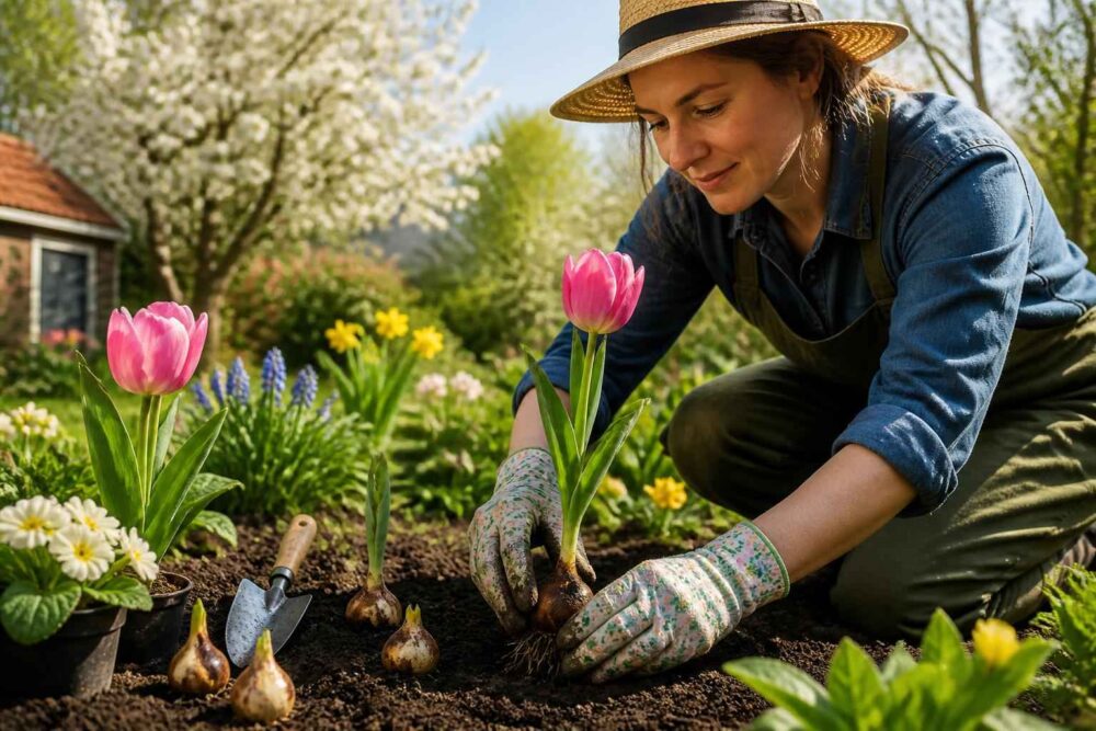 Kobieta sadzi tulipany w kwitnącym ogrodzie Kobieta w kapeluszu sadzi różowe tulipany w ogrodzie pełnym wiosennych kwiatów