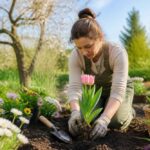 Kobieta sadzi różowe tulipany w wiosennym ogrodzie pełnym kwiatów